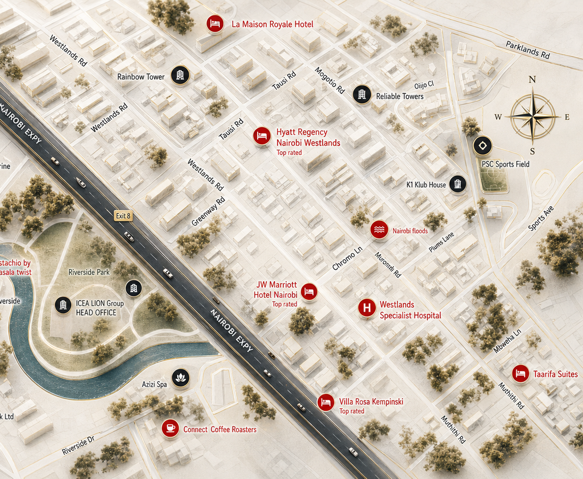 Map showing TechSource Point studio at West Park Towers, Westlands, Nairobi